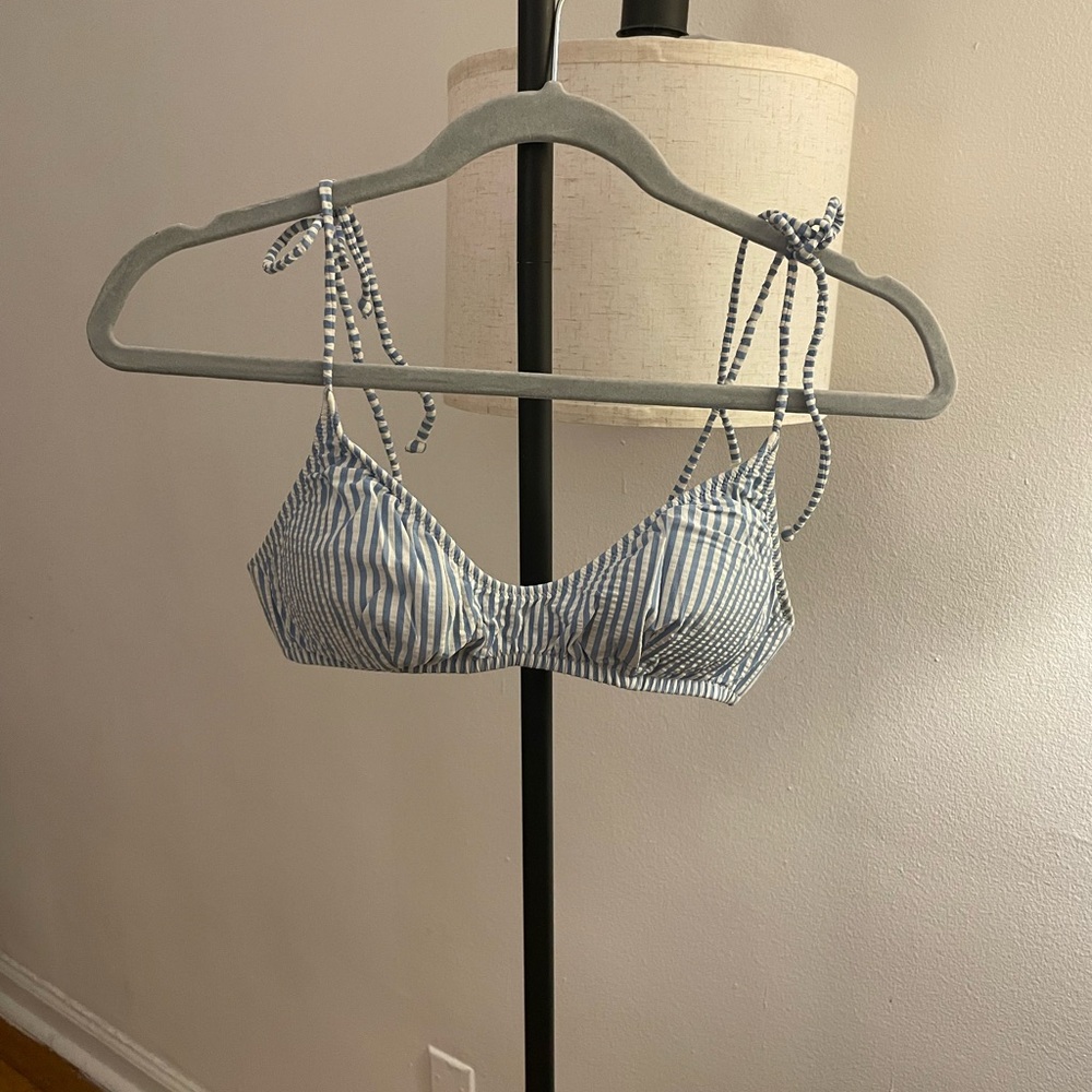 J. Crew Light Blue and White Striped Bikini Top with Tie Straps